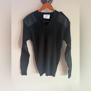 Mens Black Military Commando Sweater V-Neck Ribbed Knit Tactical Pullover Small